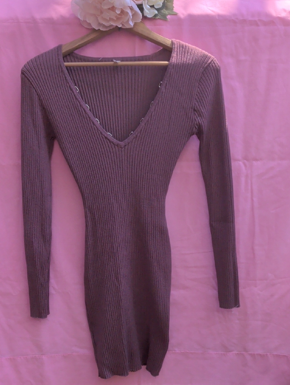 Say‎ What? Ribbed V-Neck Long Sleeve Bodycon Dress - Mauve